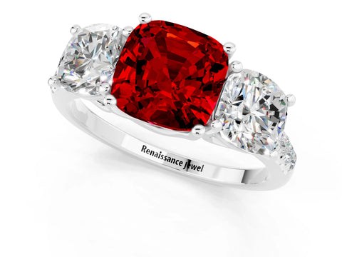 White gold Three-Stone Cushion Cut Ruby Ring with Pavé Band and Prong Setting_13