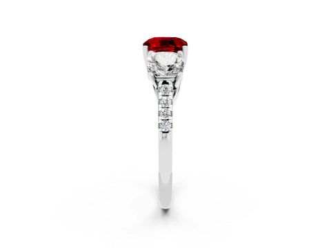 White gold Three-Stone Cushion Cut Ruby Ring with Pavé Band and Prong Setting_14