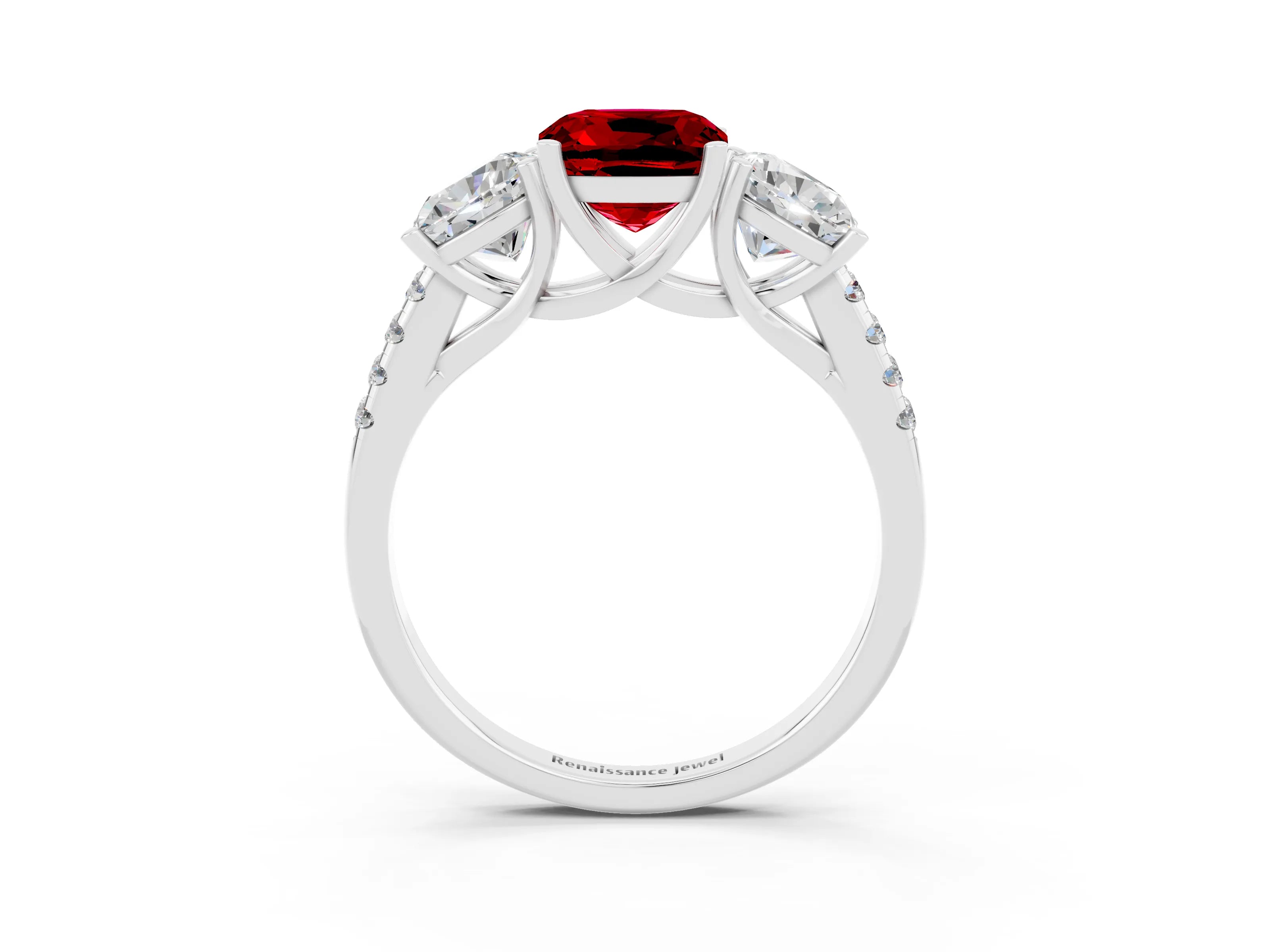 White gold Three-Stone Cushion Cut Ruby Ring with Pavé Band and Prong Setting_15
