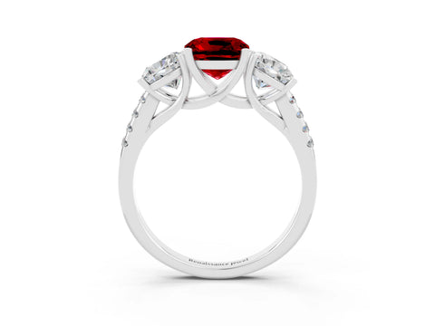 White gold Three-Stone Cushion Cut Ruby Ring with Pavé Band and Prong Setting_15