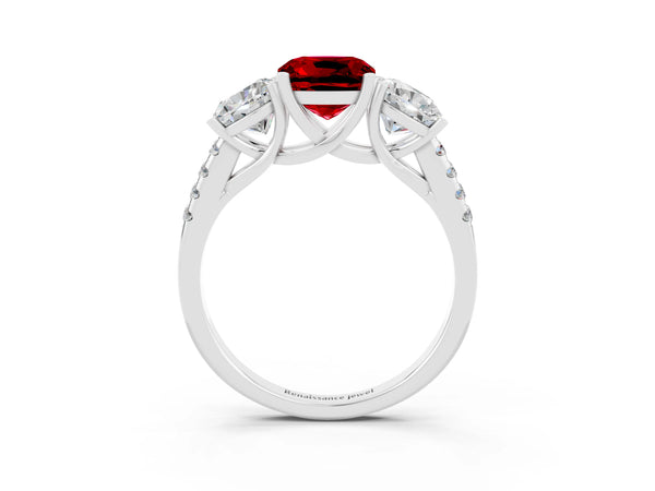 Silver Three-Stone Cushion Cut Ruby Ring with Round  Pavé Band and Prong Setting