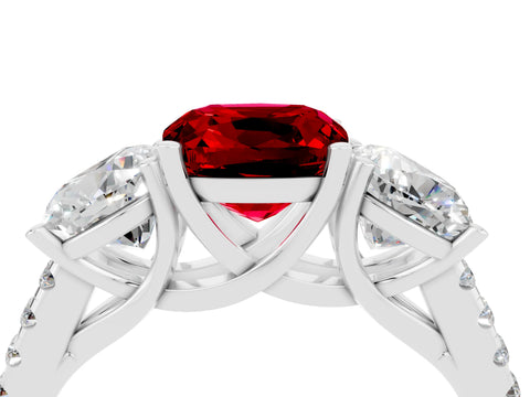 White gold Three-Stone Cushion Cut Ruby Ring with Pavé Band and Prong Setting_16