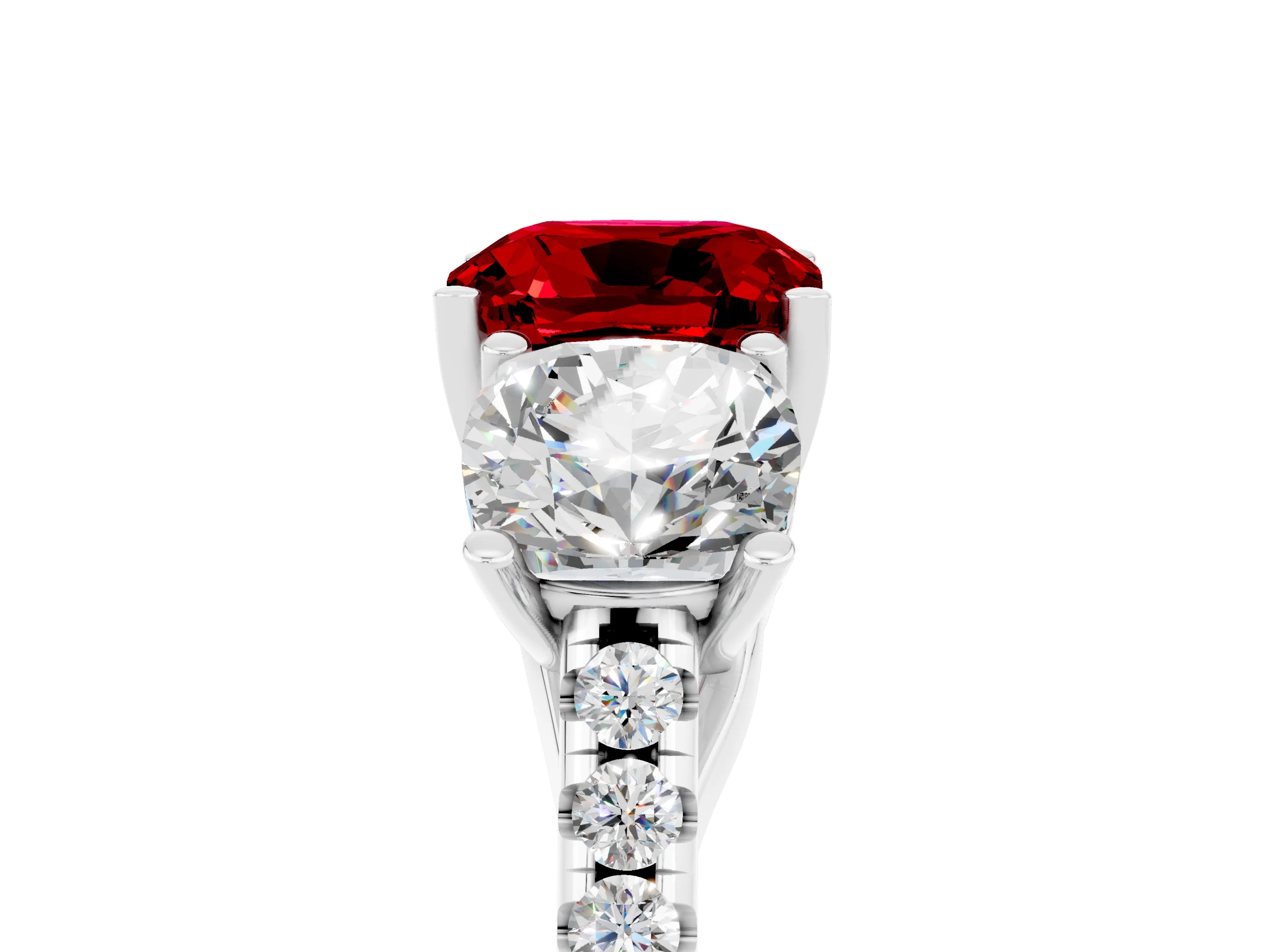 White gold Three-Stone Cushion Cut Ruby Ring with Pavé Band and Prong Setting_17