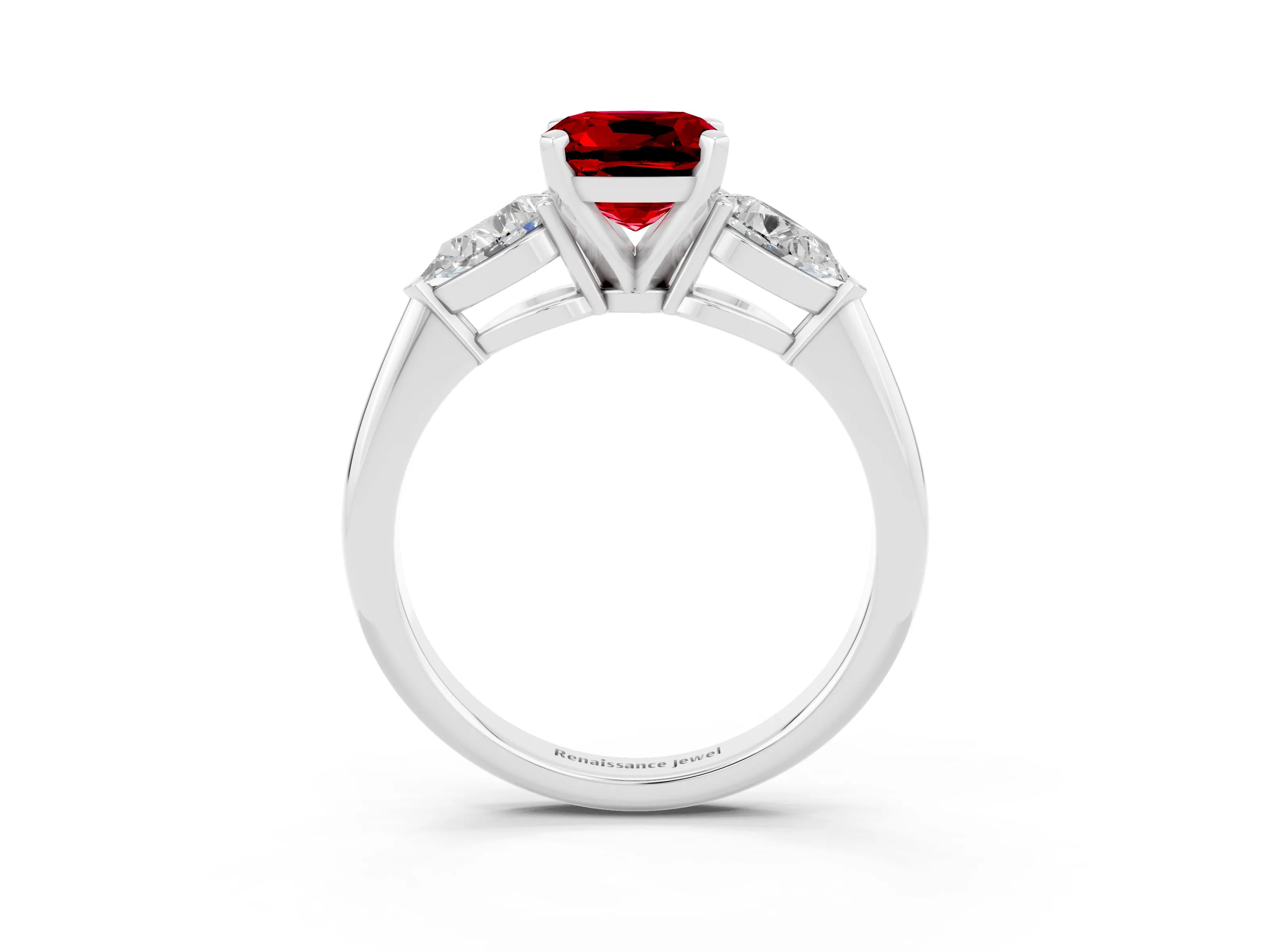 White gold Three-Stone Cushion Cut Ruby Ring with Pear Side Stones and Four-Prong Setting_3