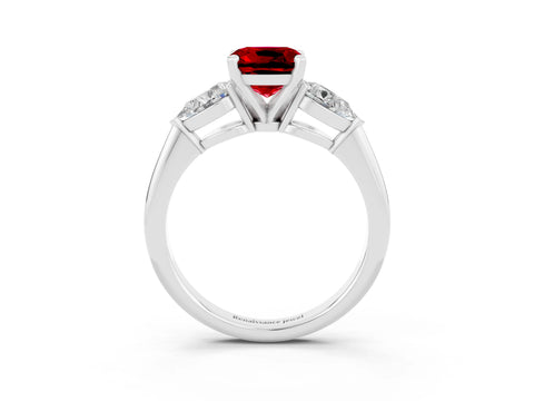 White gold Three-Stone Cushion Cut Ruby Ring with Pear Side Stones and Four-Prong Setting_3