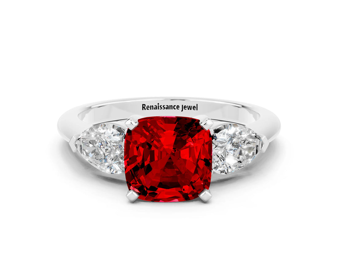 White gold Three-Stone Cushion Cut Ruby Ring with Pear Side Stones and Four-Prong Setting