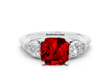 White gold Three-Stone Cushion Cut Ruby Ring with Pear Side Stones and Four-Prong Setting