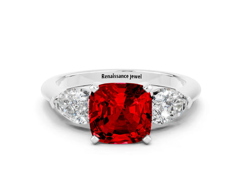 White gold Three-Stone Cushion Cut Ruby Ring with Pear Side Stones and Four-Prong Setting