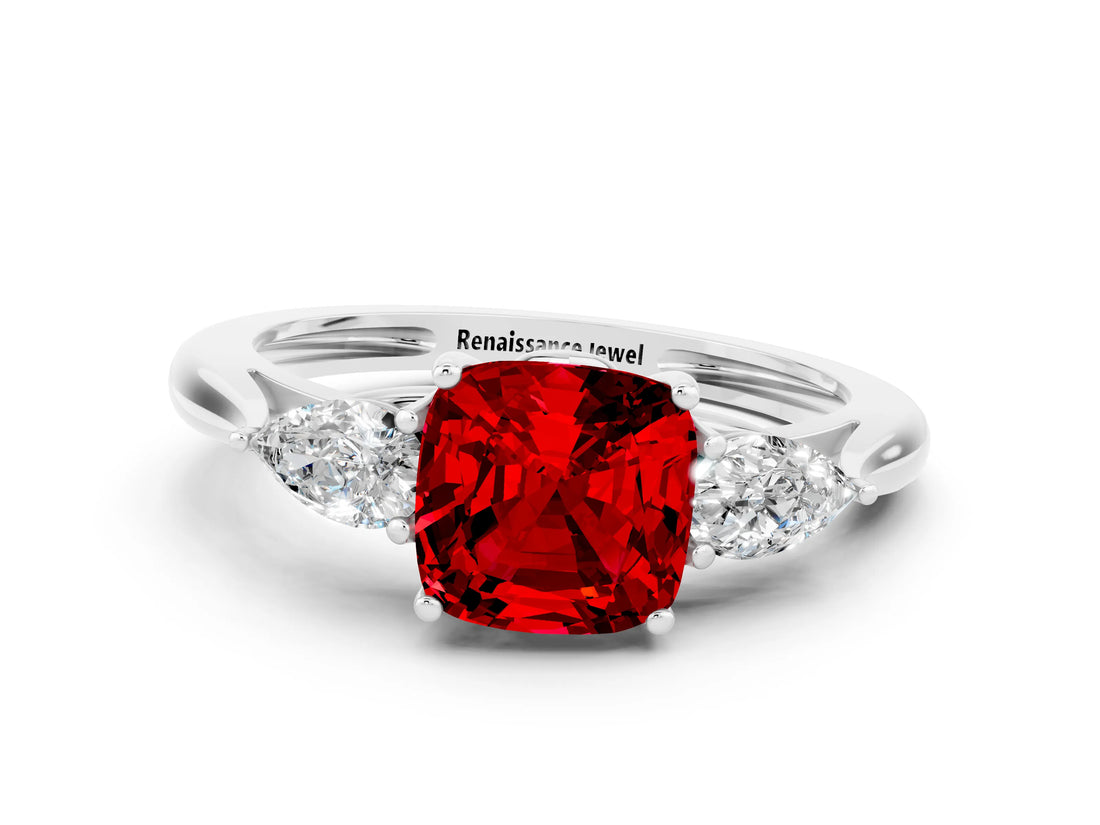 White gold Three-Stone Cushion Cut Ruby Ring with Pear  Side Stones in Four-Prong Setting_12