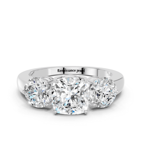 White gold Three-Stone Cushion Cut Solitaire Ring with Prong Setting on a Classic Band_20
