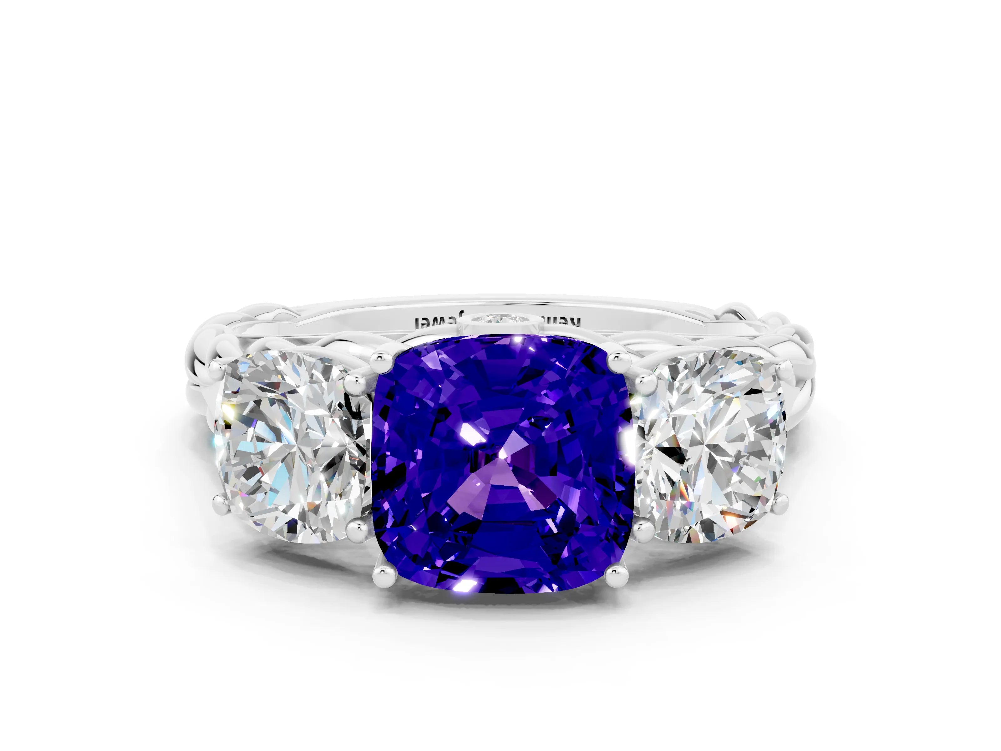 White gold Three-Stone Cushion Cut Tanzanite Braided Band Ring with Four-Prong Setting_12