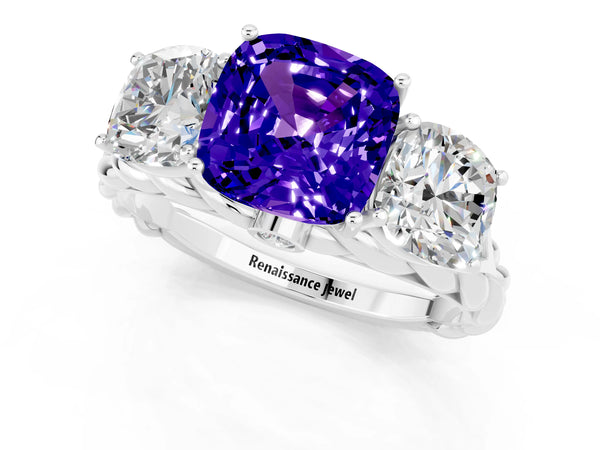 White gold Three-Stone Cushion Cut Tanzanite Braided Band Ring with Four-Prong Setting