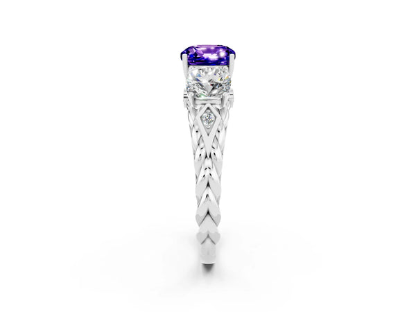 Platinum Three-Stone Cushion Cut Tanzanite Braided Band Ring with Four-Prong Setting