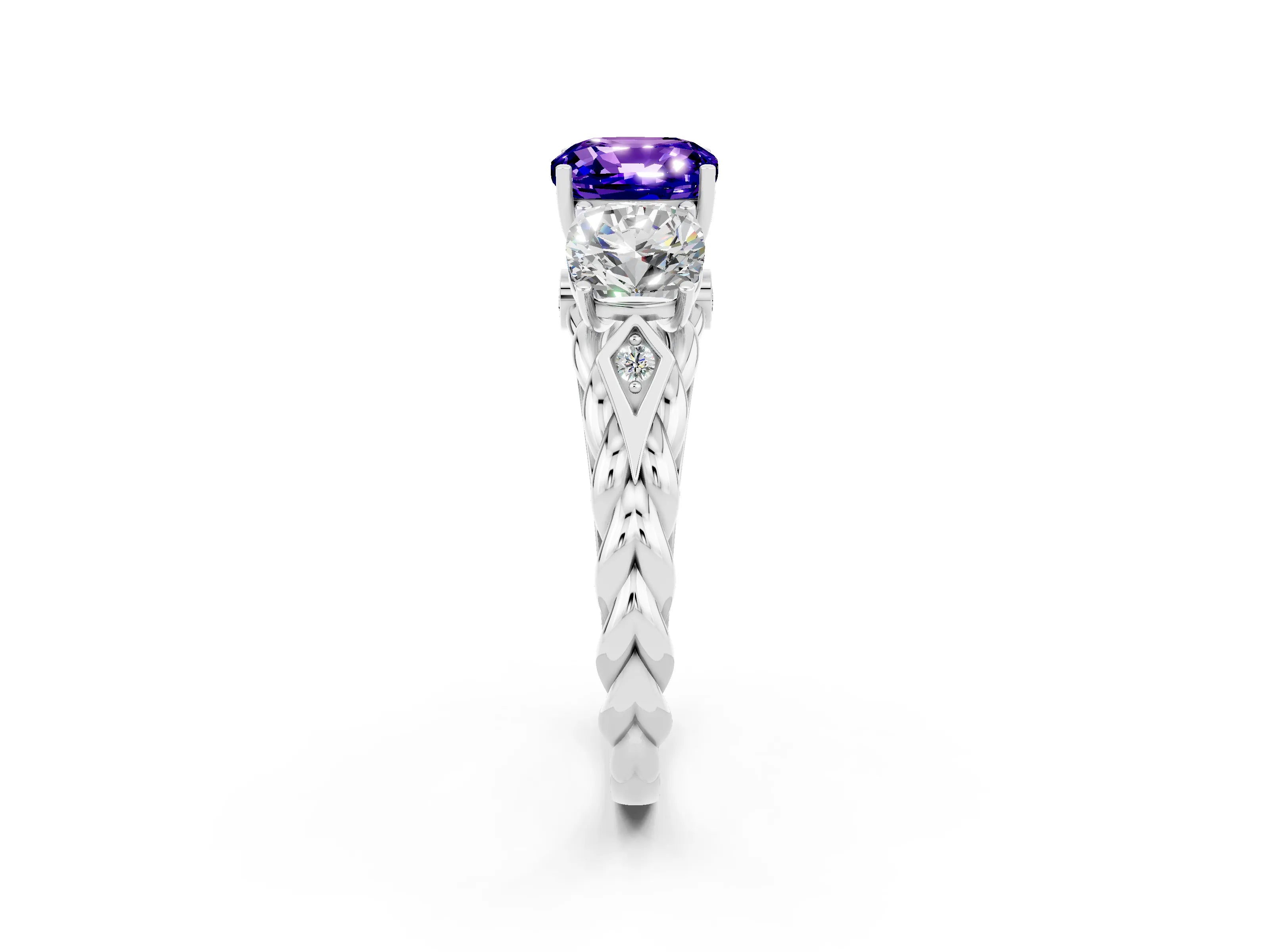 White gold Three-Stone Cushion Cut Tanzanite Braided Band Ring with Four-Prong Setting_14