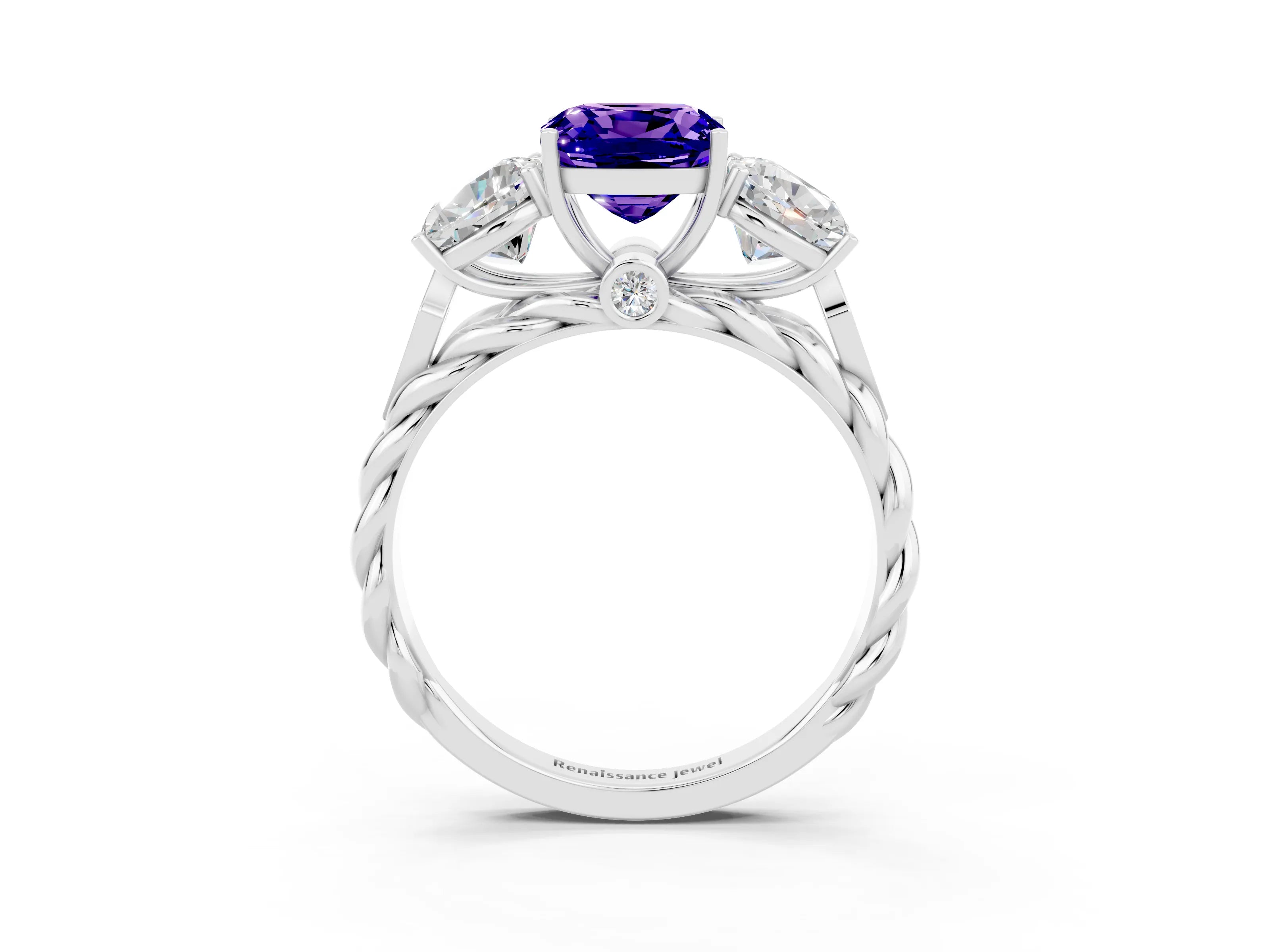 White gold Three-Stone Cushion Cut Tanzanite Braided Band Ring with Four-Prong Setting_15