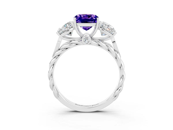 Silver Three-Stone Cushion Cut Tanzanite Braided Band Ring with Four-Prong Setting