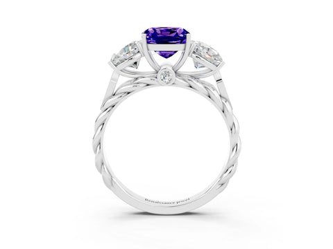 White gold Three-Stone Cushion Cut Tanzanite Braided Band Ring with Four-Prong Setting_15