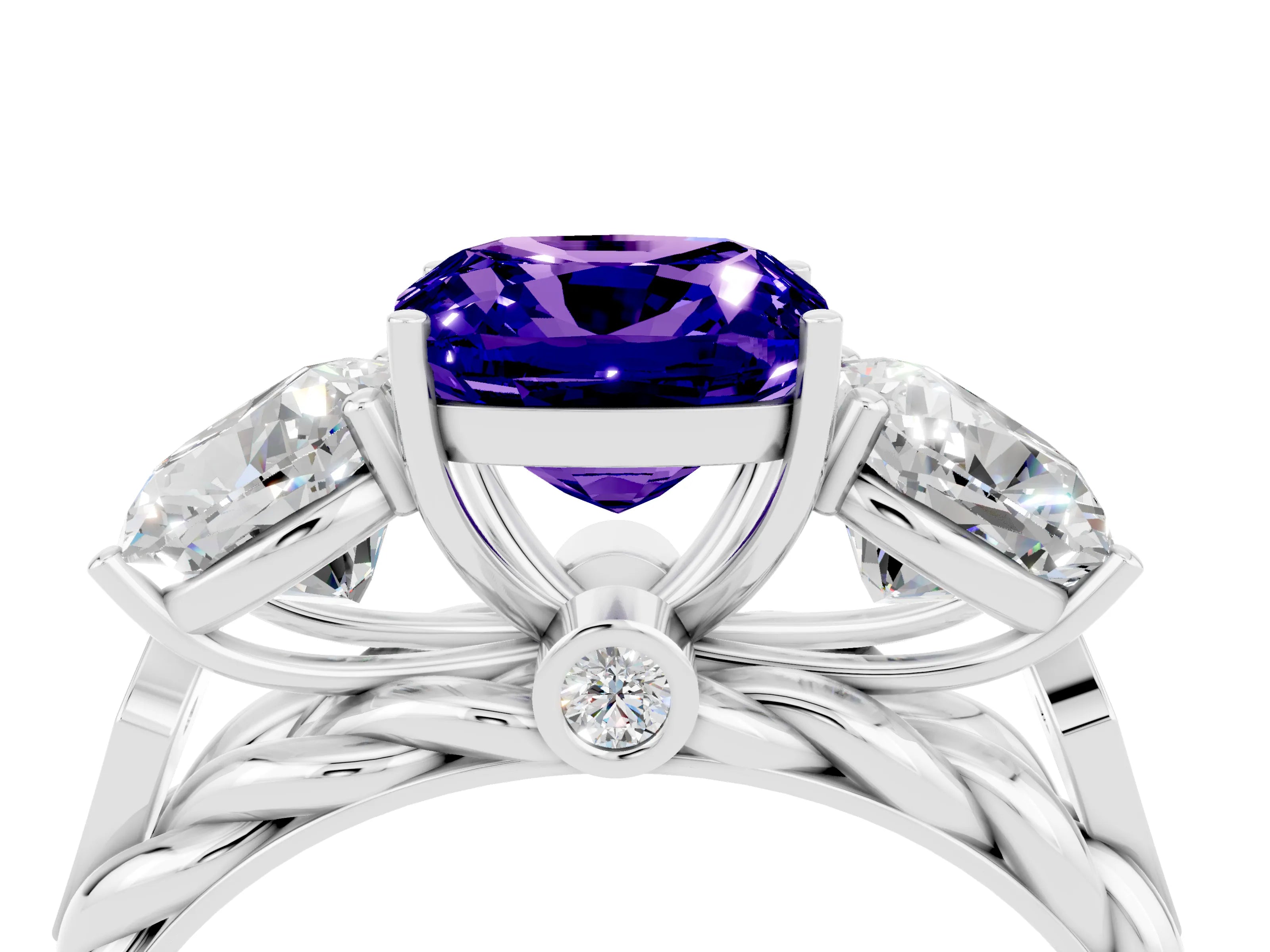 White gold Three-Stone Cushion Cut Tanzanite Braided Band Ring with Four-Prong Setting_16