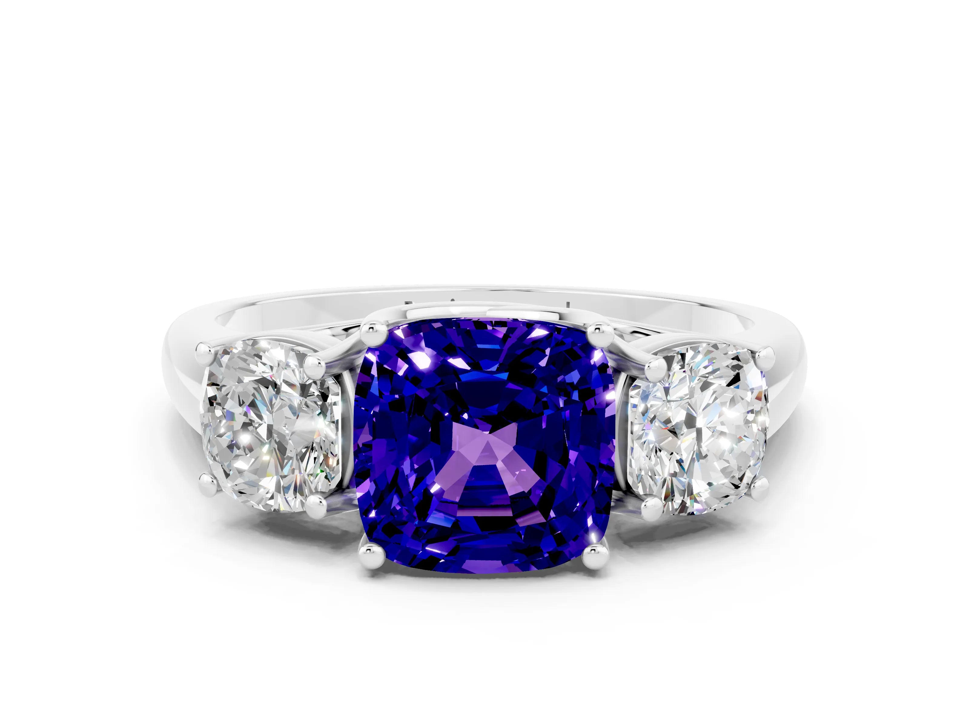 White gold Three-Stone Cushion Cut Tanzanite Engagement Ring with Prong Setting