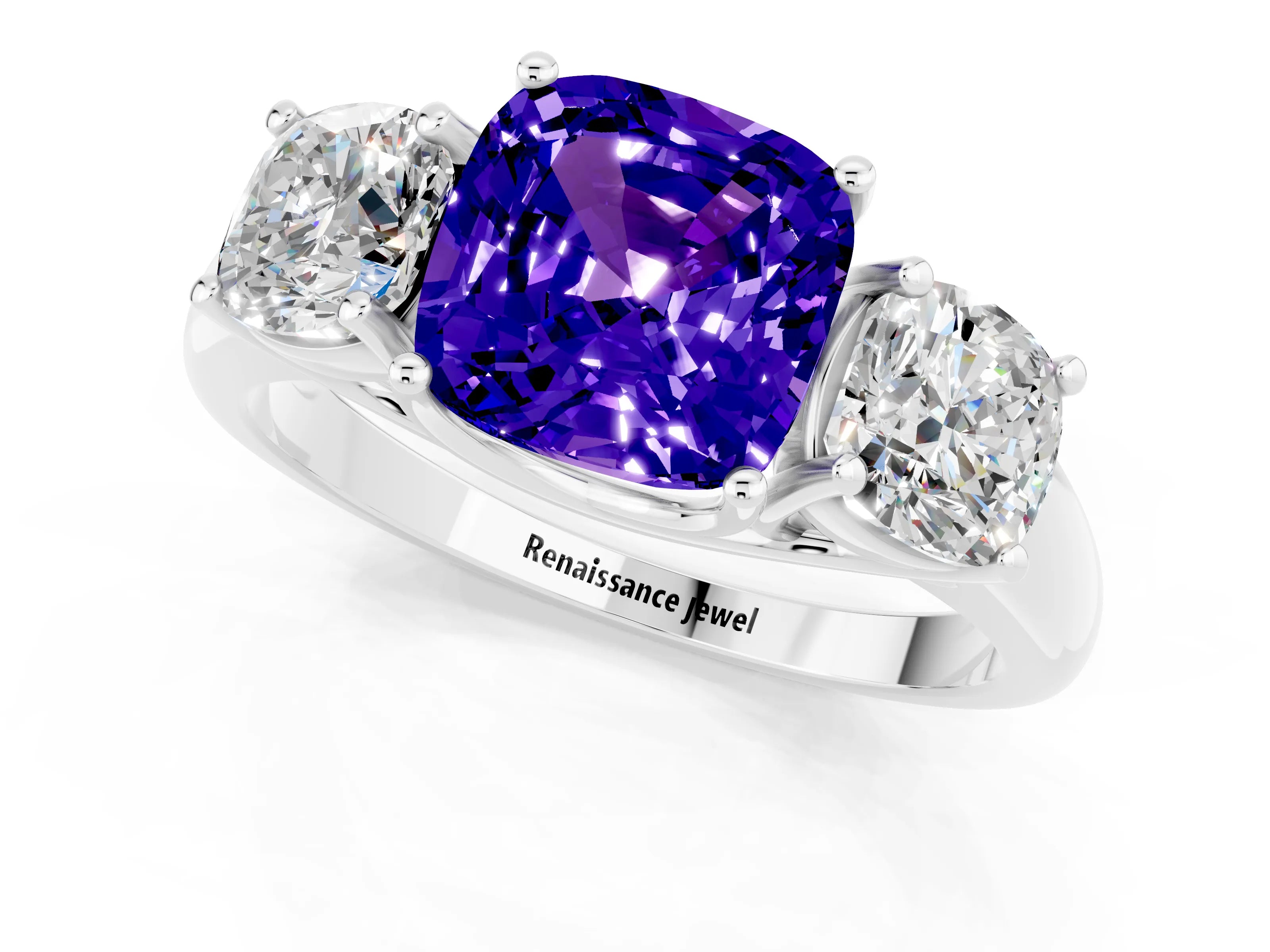 White gold Three-Stone Cushion Cut Tanzanite Engagement Ring with Prong Setting_1