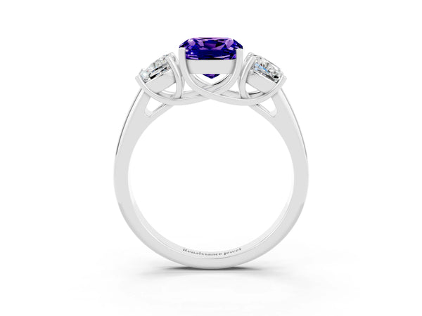 Platinum Three-Stone Cushion Cut Tanzanite Engagement Ring with Prong Setting