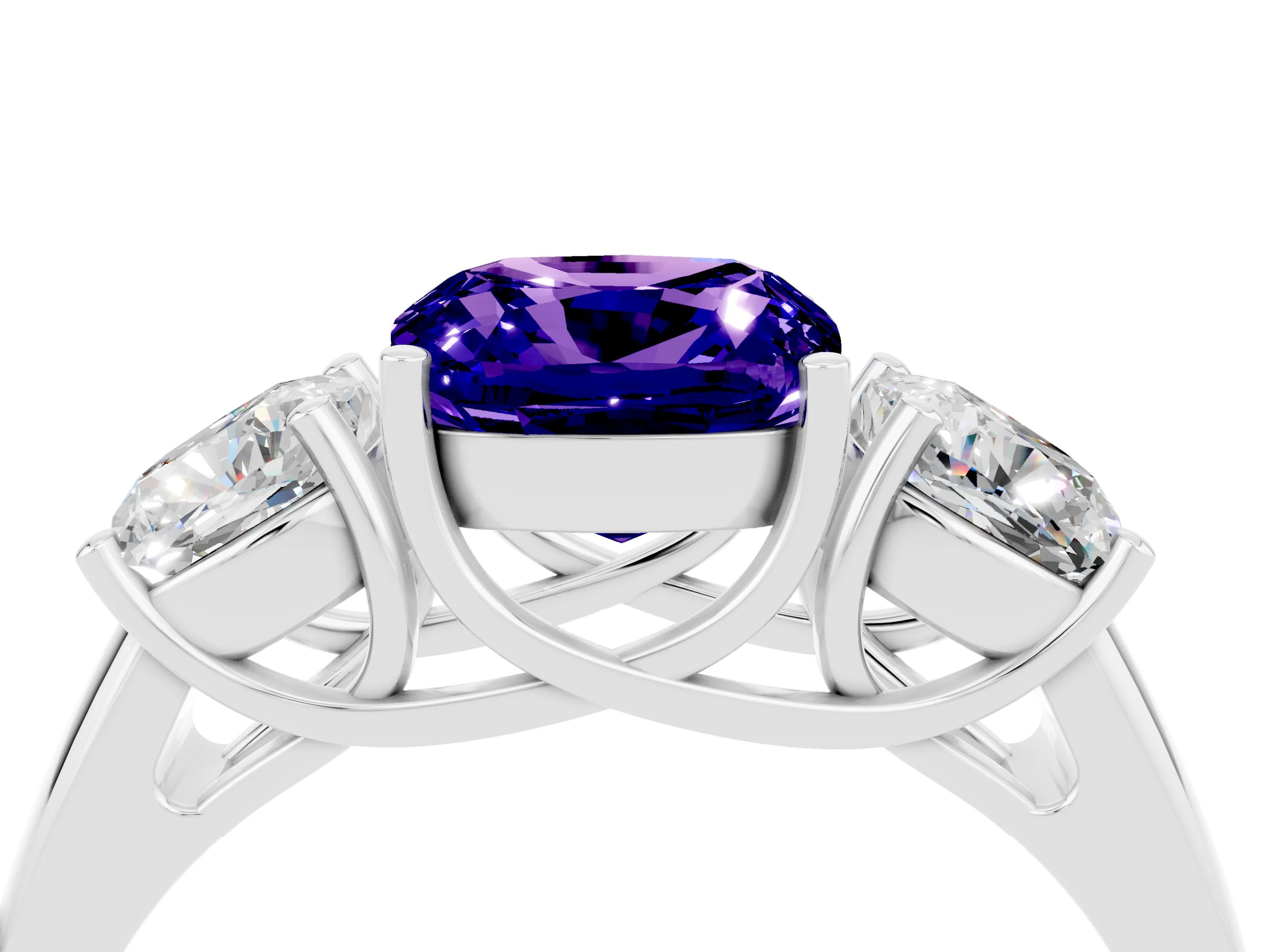 White gold Three-Stone Cushion Cut Tanzanite Engagement Ring with Prong Setting_4