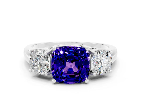 White gold Three-Stone Cushion Cut Tanzanite Engagement Ring with Prong Setting