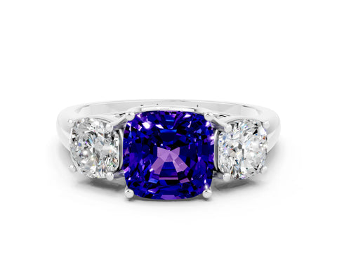 White gold Three-Stone Cushion Cut Tanzanite Engagement Ring with Prong Setting