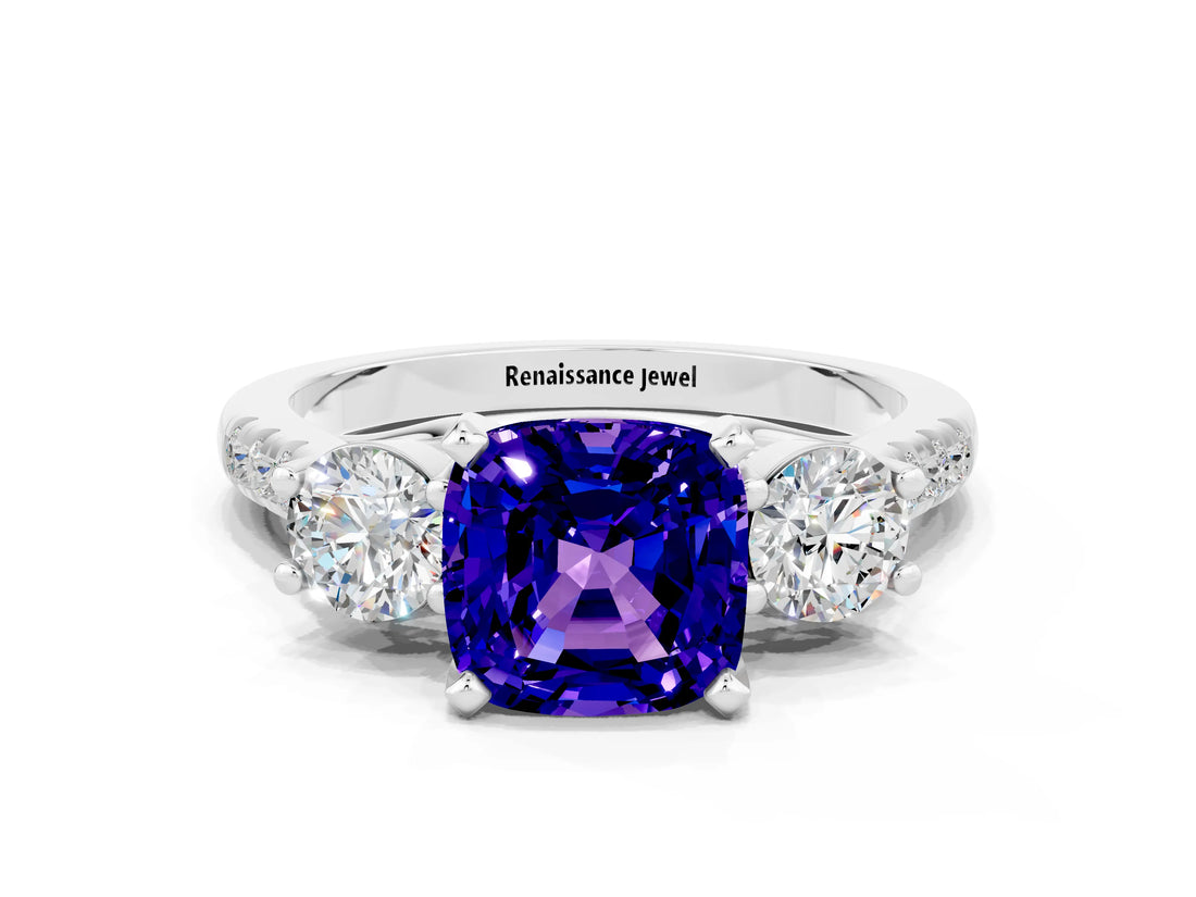 White gold Three-Stone Cushion Cut Tanzanite Pavé Band with Four-Prong Setting