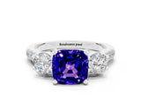 White gold Three-Stone Cushion Cut Tanzanite Pavé Band with Four-Prong Setting