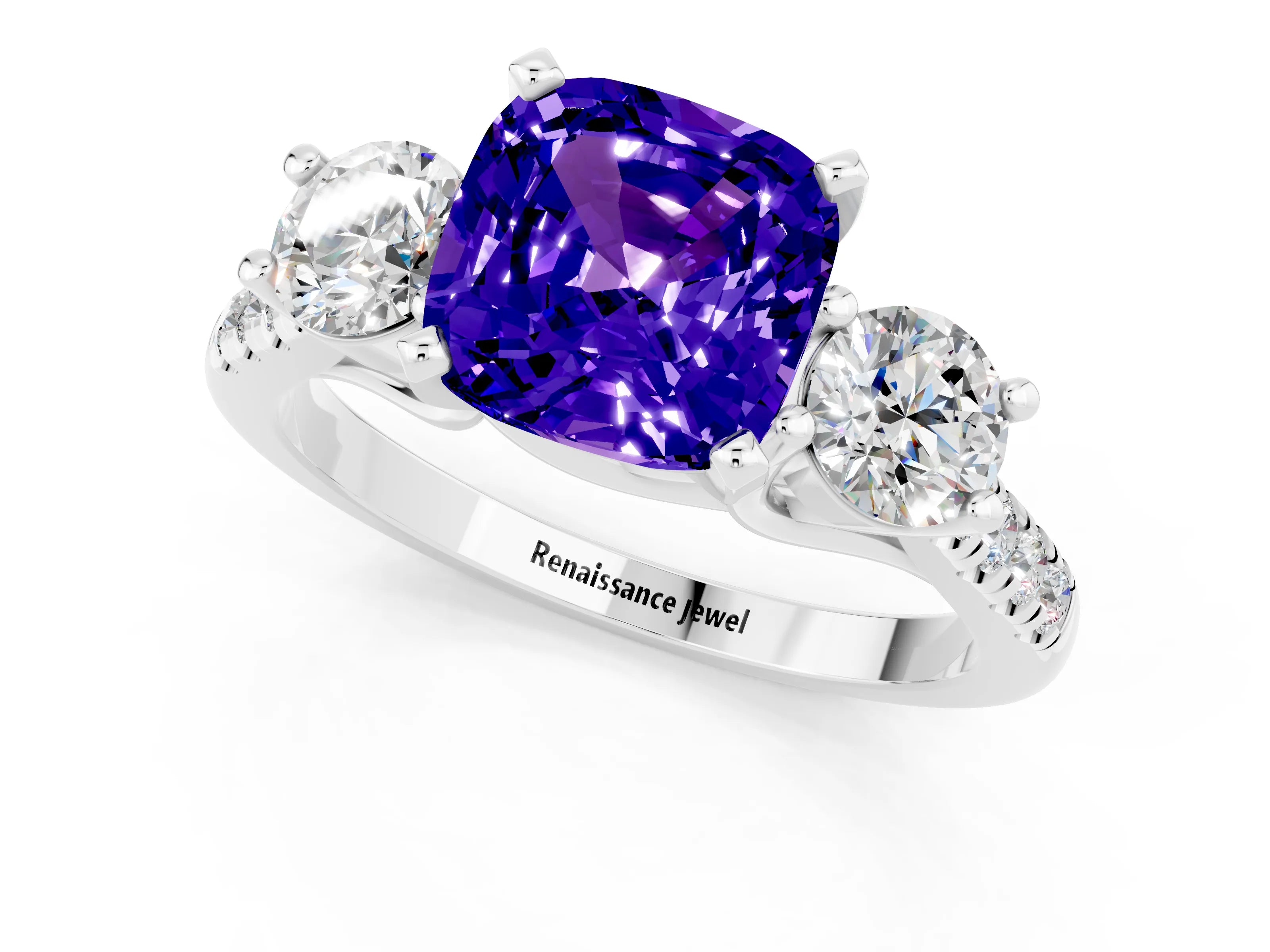 White gold Three-Stone Cushion Cut Tanzanite Pavé Band with Four-Prong Setting_1