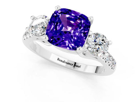 White gold Three-Stone Cushion Cut Tanzanite Pavé Band with Four-Prong Setting_1