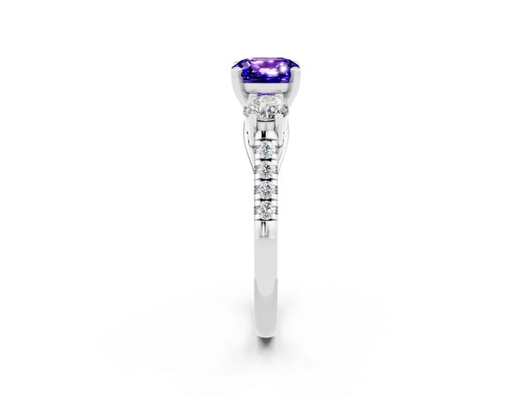 Platinum Three-Stone Cushion Cut Tanzanite Pavé Band with Four-Prong Setting