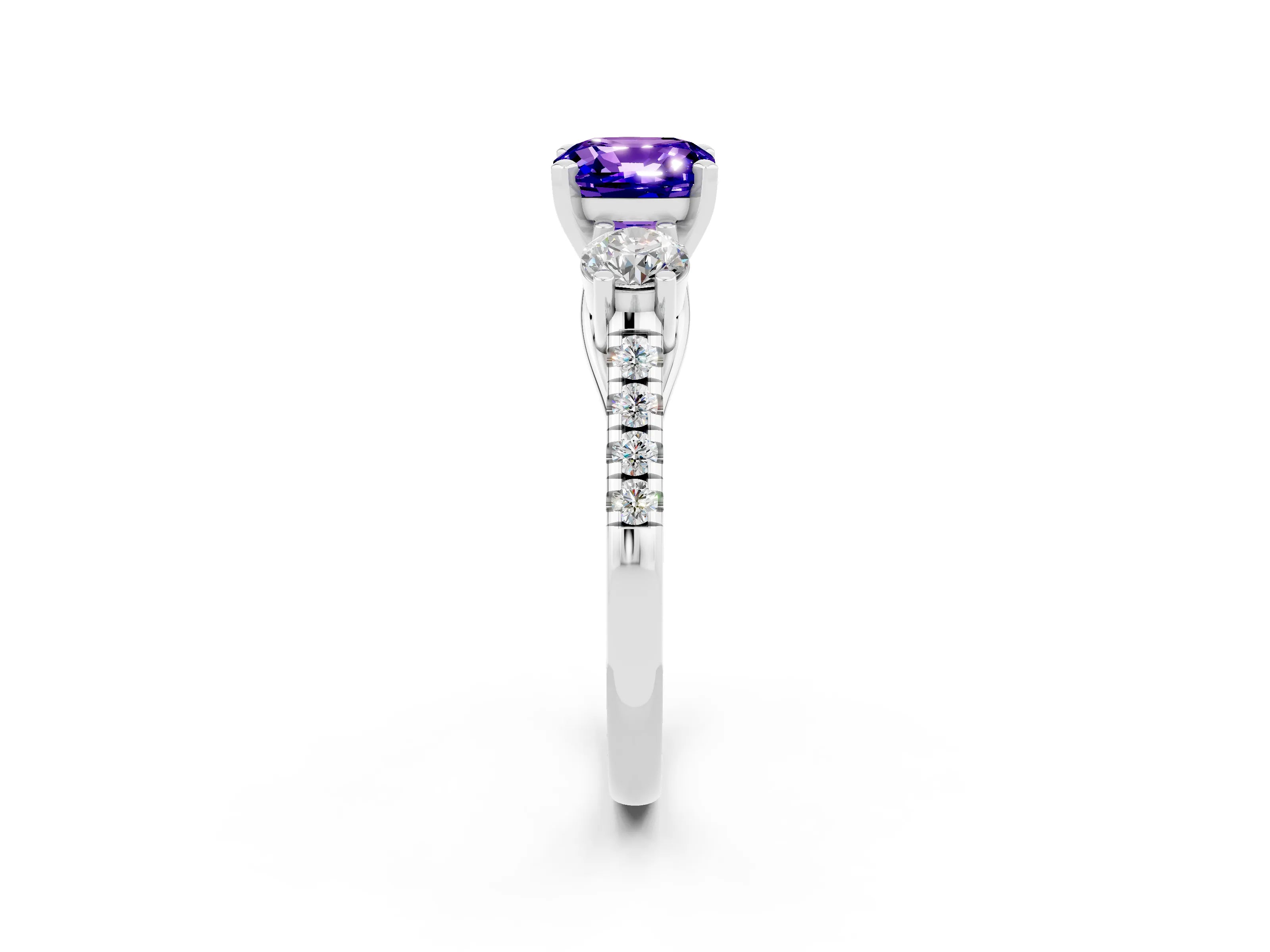 White gold Three-Stone Cushion Cut Tanzanite Pavé Band with Four-Prong Setting_2