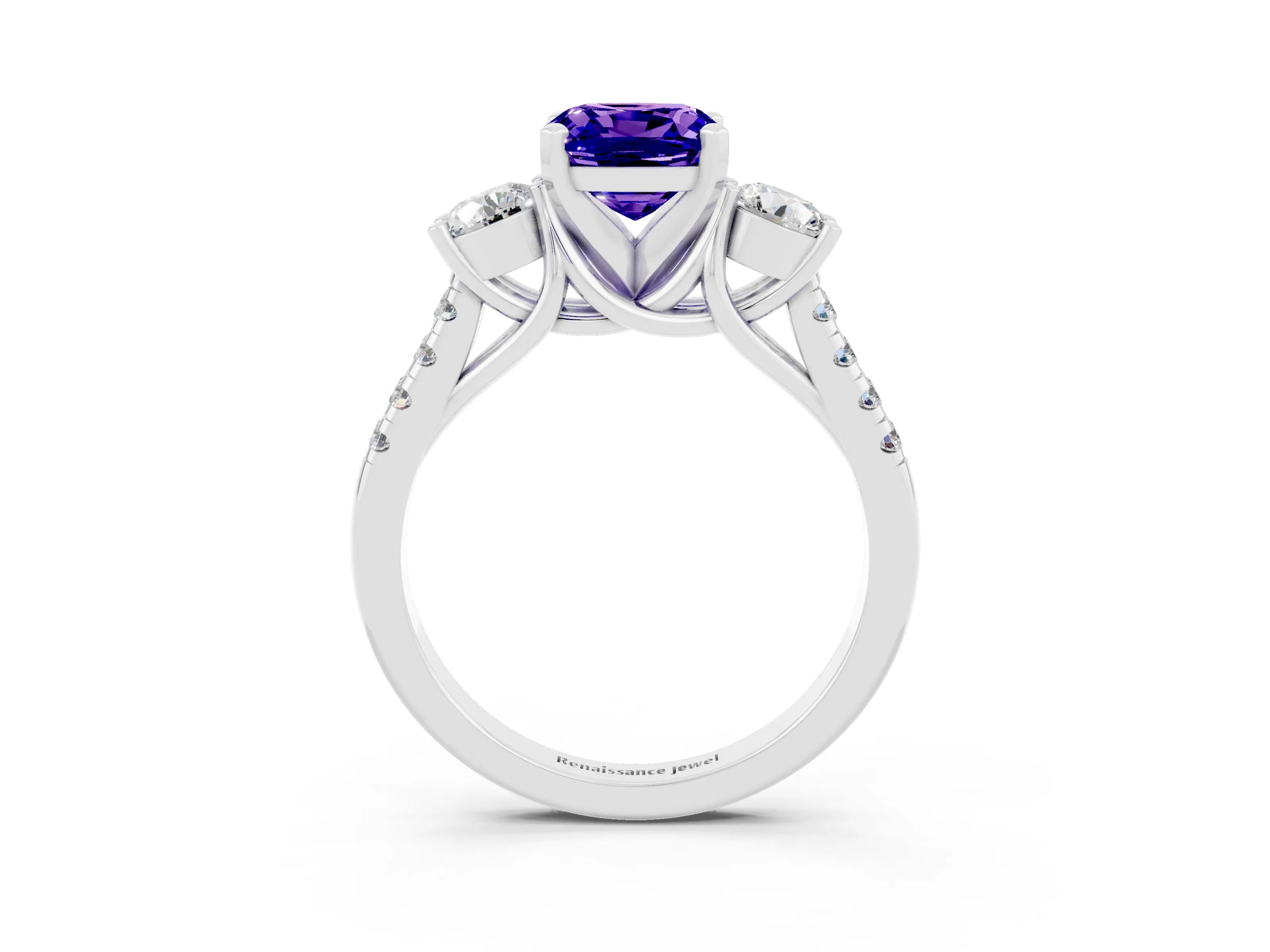 White gold Three-Stone Cushion Cut Tanzanite Pavé Band with Four-Prong Setting_3