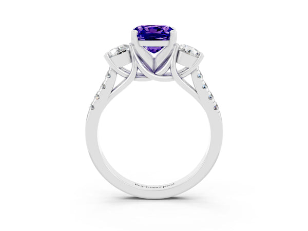 White gold Three-Stone Cushion Cut Tanzanite Pavé Band with Four-Prong Setting