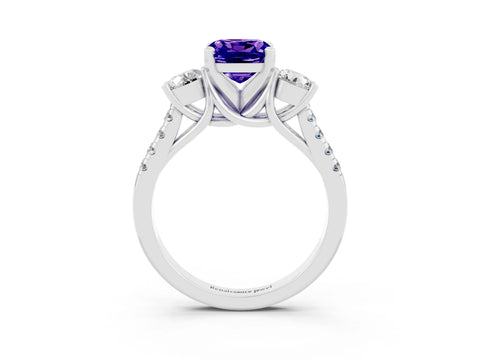 White gold Three-Stone Cushion Cut Tanzanite Pavé Band with Four-Prong Setting_3