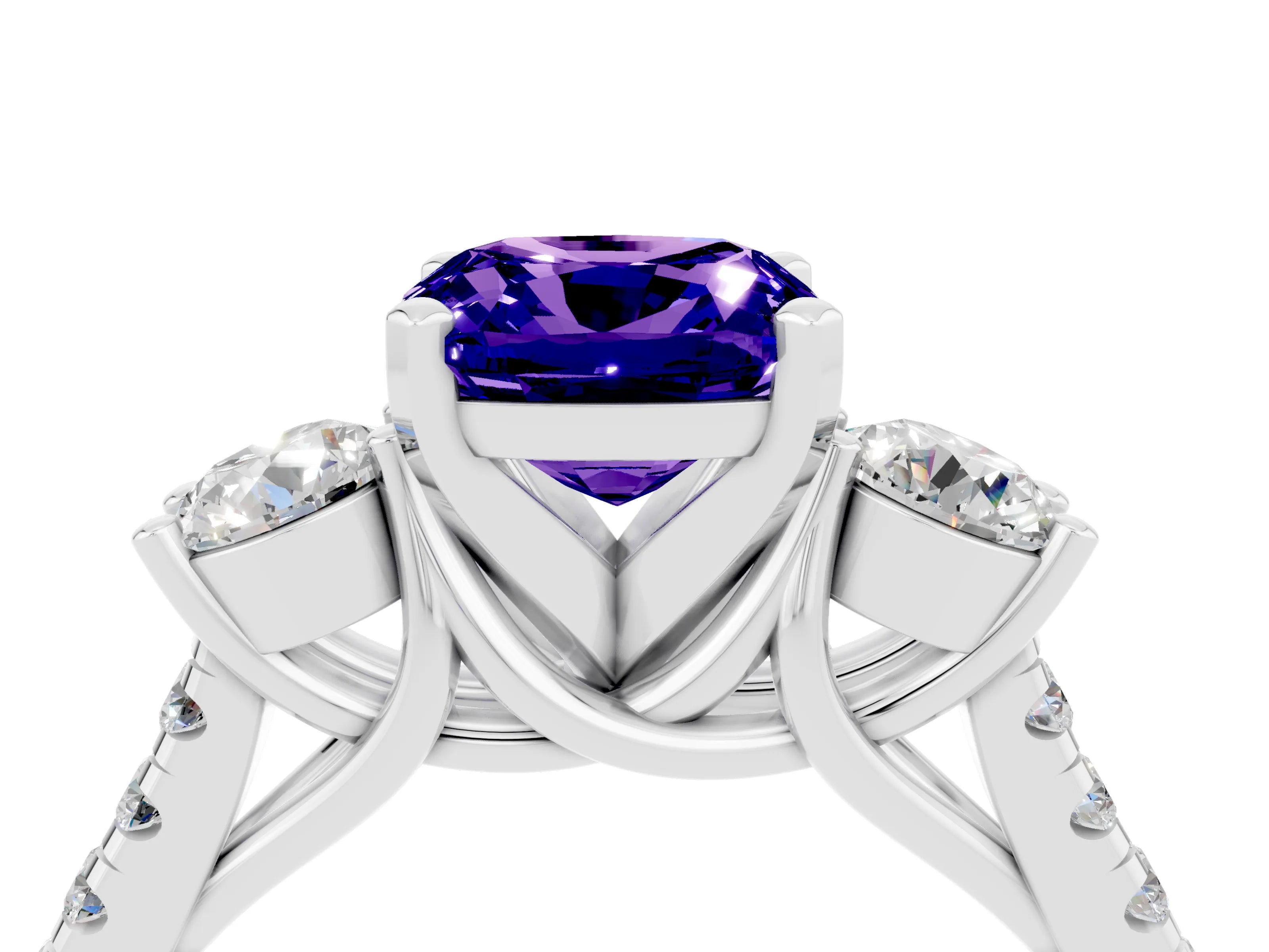 White gold Three-Stone Cushion Cut Tanzanite Pavé Band with Four-Prong Setting_4
