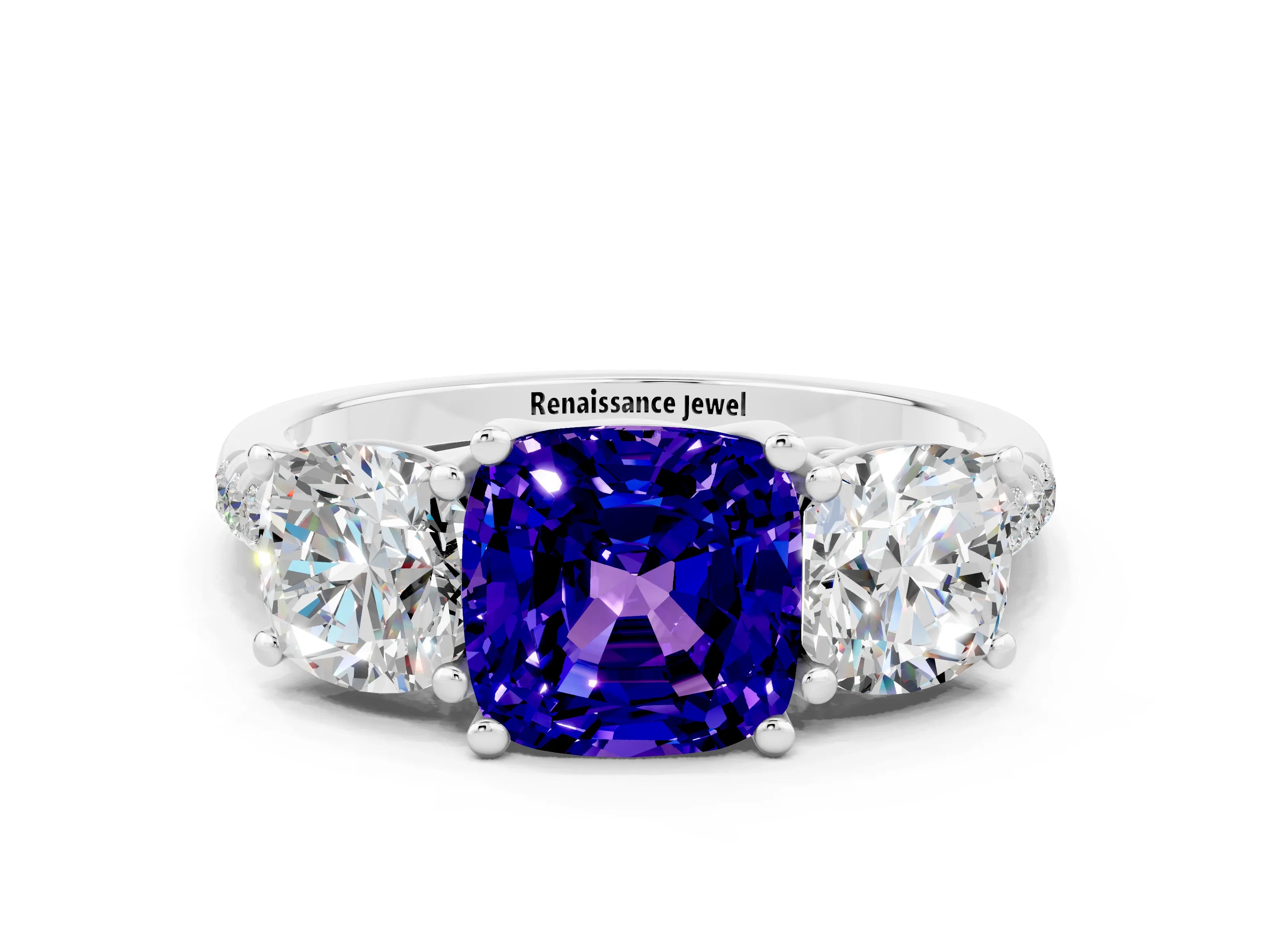White gold Three-Stone Cushion Cut Tanzanite Ring with Pavé Band and Prong Setting_12