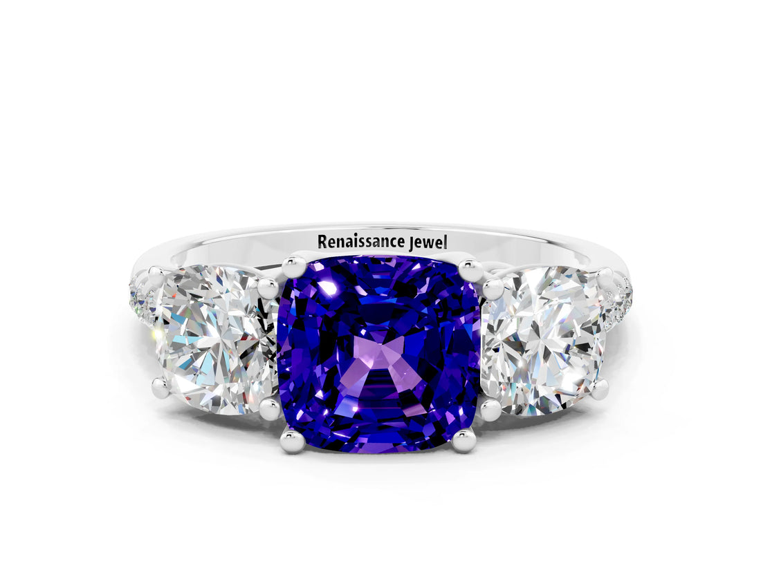 White gold Three-Stone Cushion Cut Tanzanite Ring with Pavé Band and Prong Setting_12