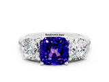 White gold Three-Stone Cushion Cut Tanzanite Ring with Pavé Band and Prong Setting_12