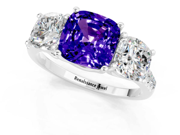 Platinum Three-Stone Cushion Cut Tanzanite Ring with Round  Pavé Band and Prong Setting