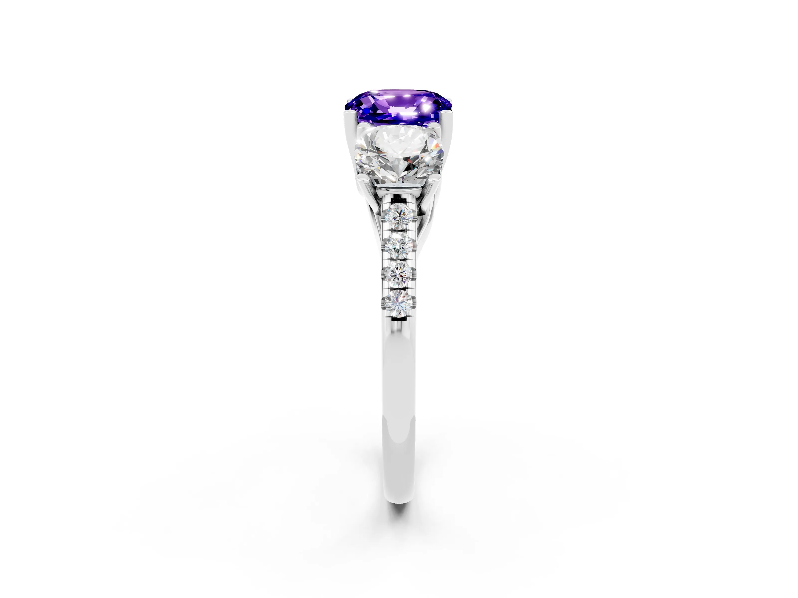 White gold Three-Stone Cushion Cut Tanzanite Ring with Pavé Band and Prong Setting_14