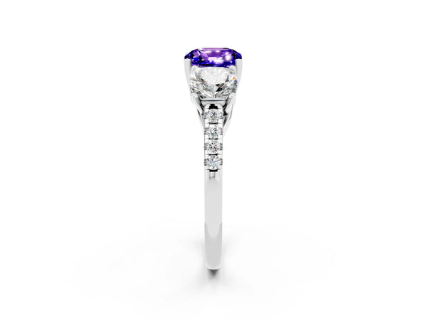 White gold Three-Stone Cushion Cut Tanzanite Ring with Round  Pavé Band and Prong Setting