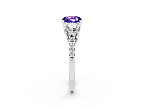 White gold Three-Stone Cushion Cut Tanzanite Ring with Pavé Band and Prong Setting_14