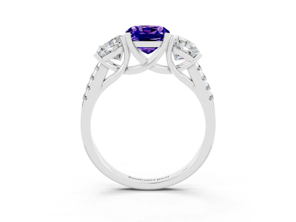 Platinum Three-Stone Cushion Cut Tanzanite Ring with Round  Pavé Band and Prong Setting