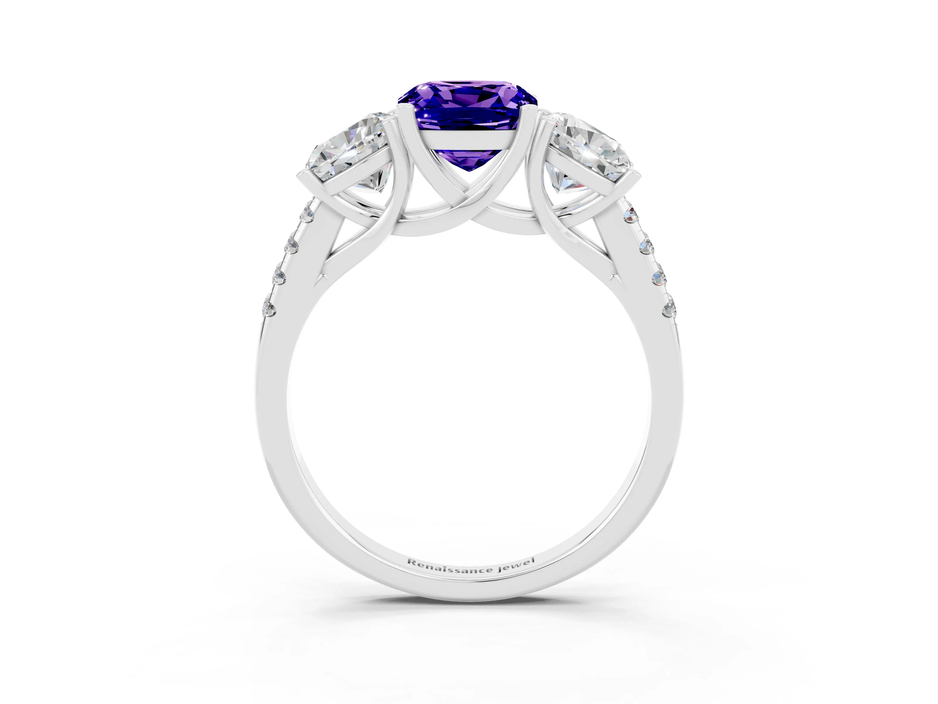 White gold Three-Stone Cushion Cut Tanzanite Ring with Pavé Band and Prong Setting_15
