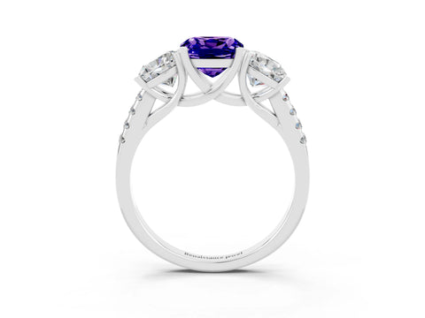 White gold Three-Stone Cushion Cut Tanzanite Ring with Pavé Band and Prong Setting_15