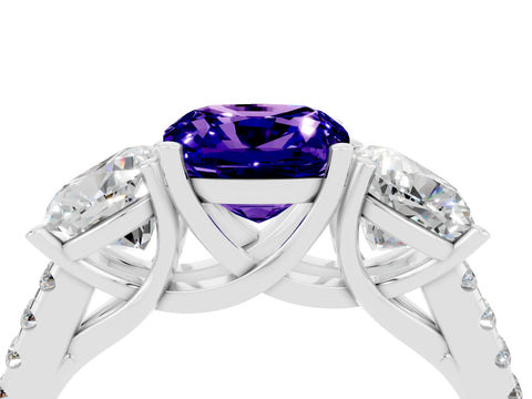 White gold Three-Stone Cushion Cut Tanzanite Ring with Pavé Band and Prong Setting_16