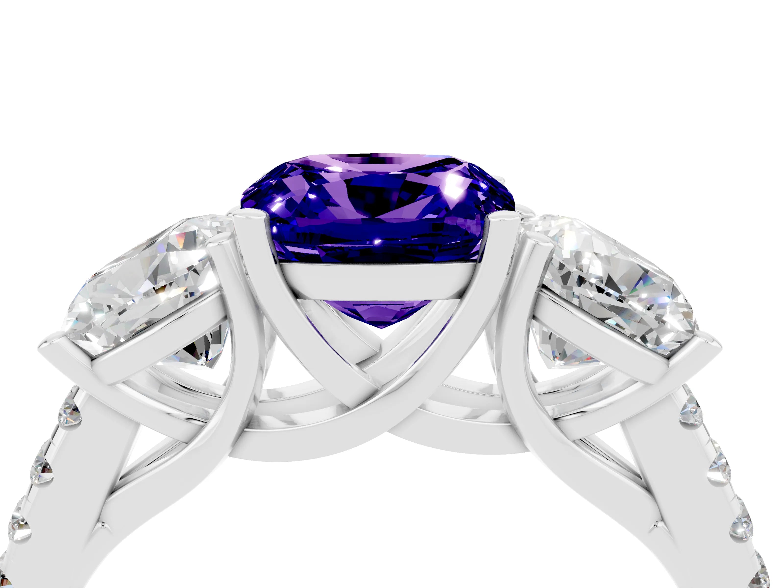 White gold Three-Stone Cushion Cut Tanzanite Ring with Pavé Band and Prong Setting_16